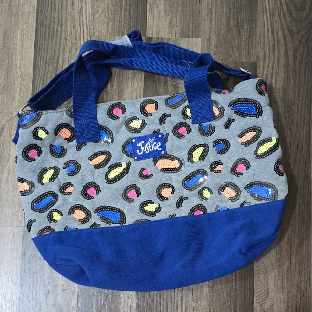 Justice Blue and Gray Tote Bag with Geometric Pattern